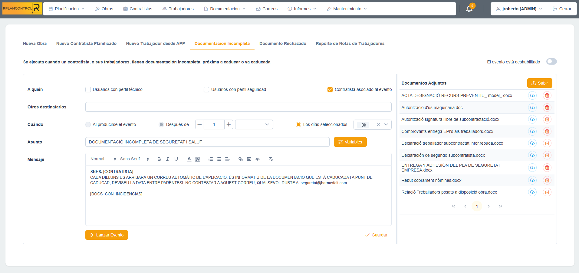 Contratas y trabajadores (por día)